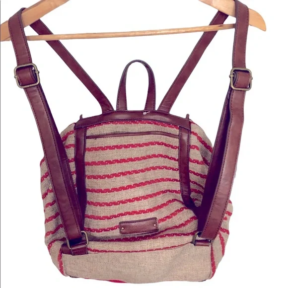 Lucky Brand Kendal Orange and Tan Boho Linen Blend Backpack Style Bag - Picture 2 of 10